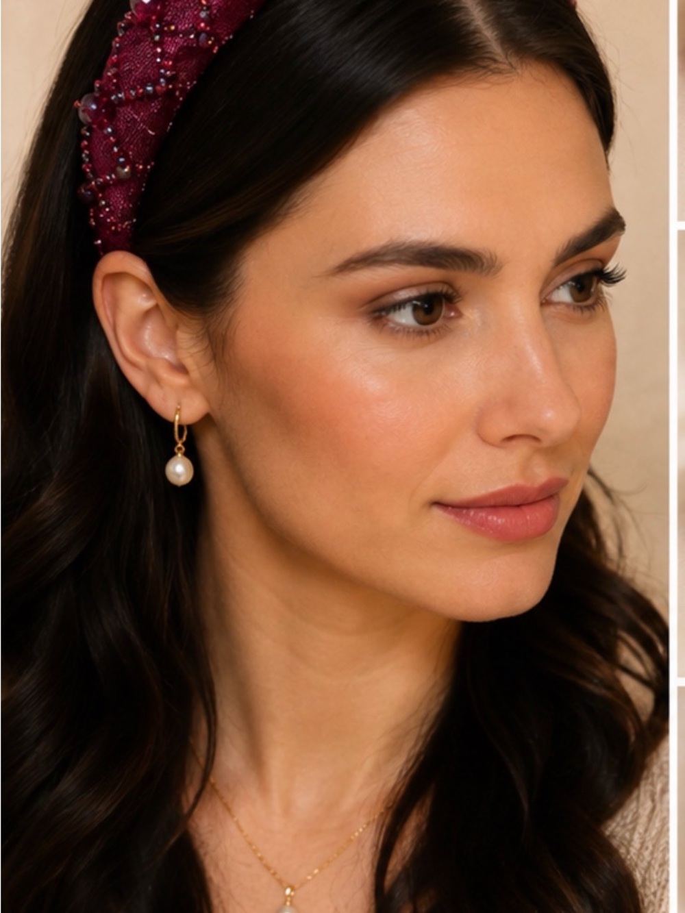 Embellished Burgundy Padded Headband with Bead Accents